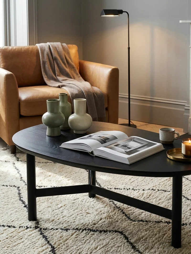 Couchtisch Mango Massivholz in Schwarz, Nierenform, 86x50x37 cm