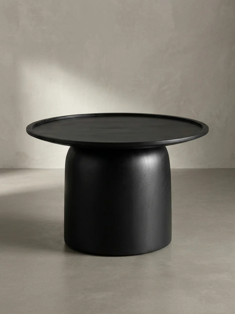 Couchtisch Rund Schwarz Mango Massivholz, 60x60x40 cm, Erhöhter Rand, Trommelgestell