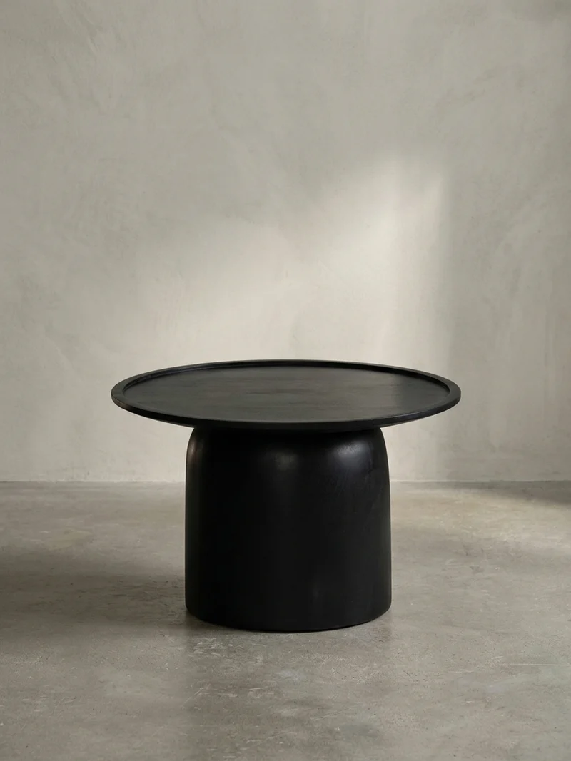 Couchtisch Rund Schwarz Mango Massivholz, 60x60x40 cm, Erhöhter Rand, Trommelgestell