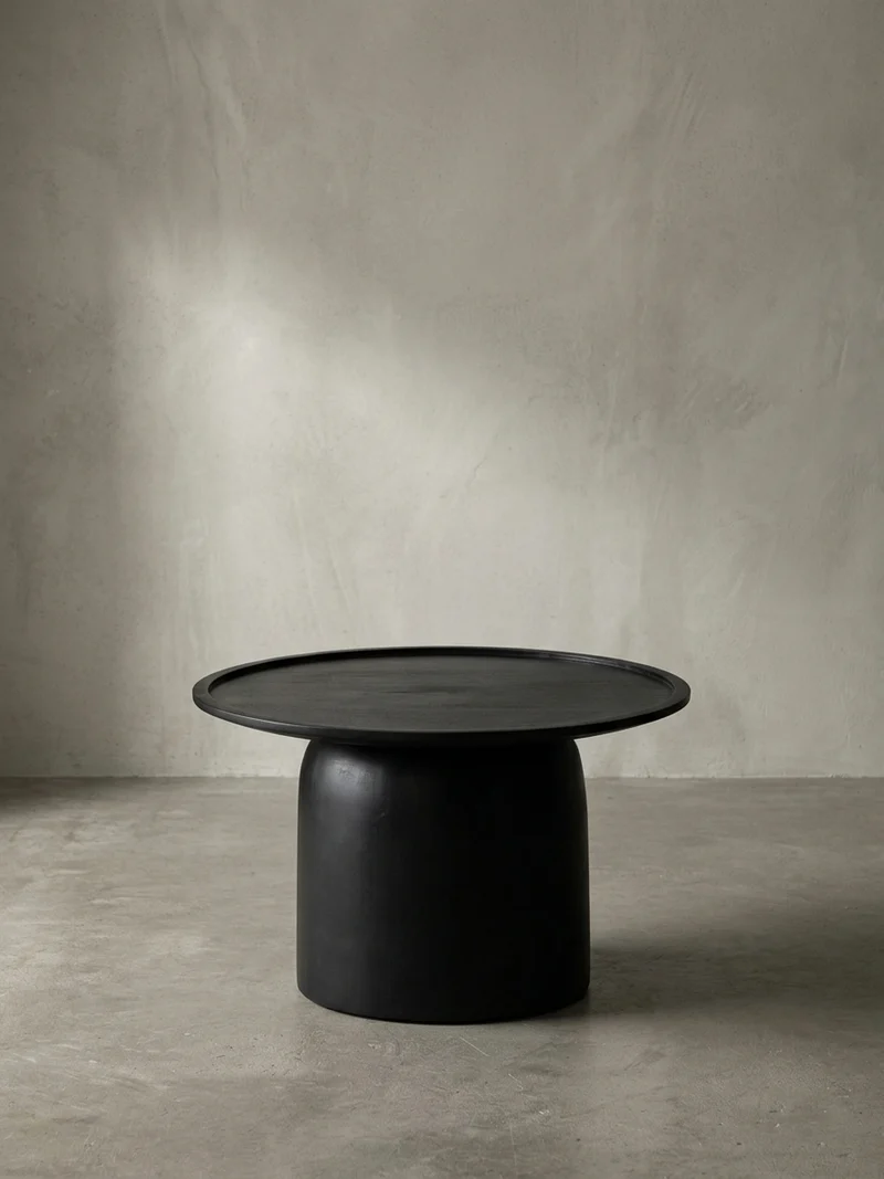 Couchtisch Rund Schwarz Mango Massivholz, 60x60x40 cm, Erhöhter Rand, Trommelgestell