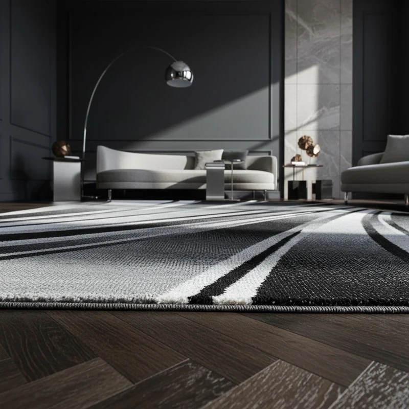Kurzflor-Teppich Schwunglinien – Waschbar | Dynamisches Wellendesign | Heatset-Veredelung für Wolloptik