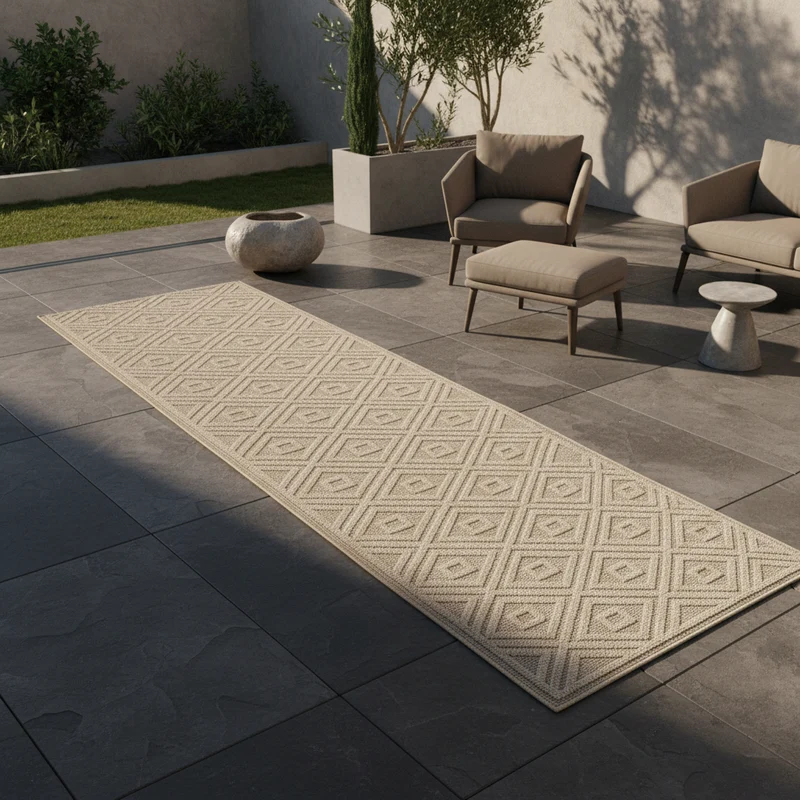 Outdoor-Teppich Ornamentale Rauten – Waschbar, Wetterfest & Dekorativ für Balkon