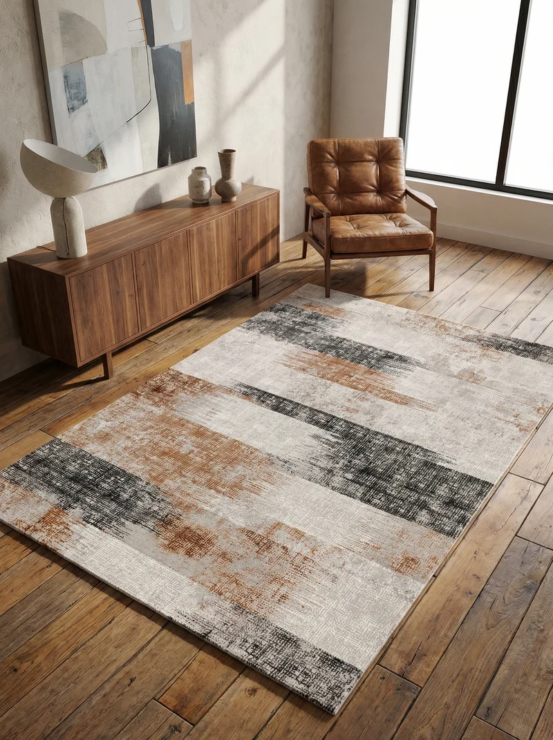 Teppich Velours geometrisch abstrakt pflegeleicht rutschfest Dunkelblau/Terrakotta