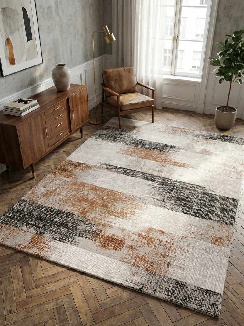Teppich Velours geometrisch abstrakt pflegeleicht rutschfest Dunkelblau/Terrakotta