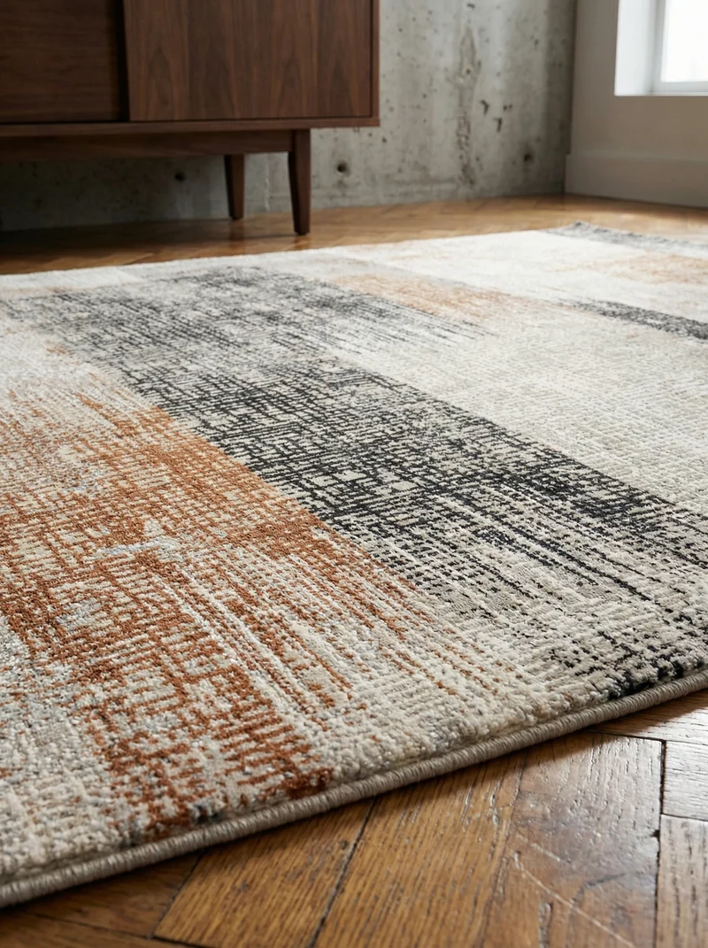 Teppich Velours geometrisch abstrakt pflegeleicht rutschfest Dunkelblau/Terrakotta