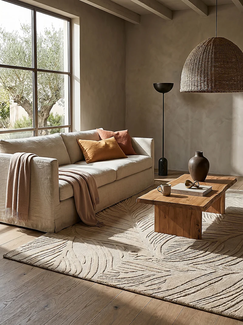 Wollteppich Blatt-Relief · 100 % Wolle · 14 mm Mittelflor