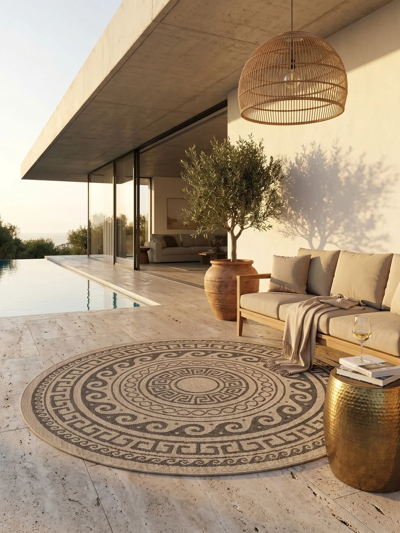 Outdoor-Teppich Mäander-Ornament – Waschbar | Klassisches Kreismuster für Terrasse