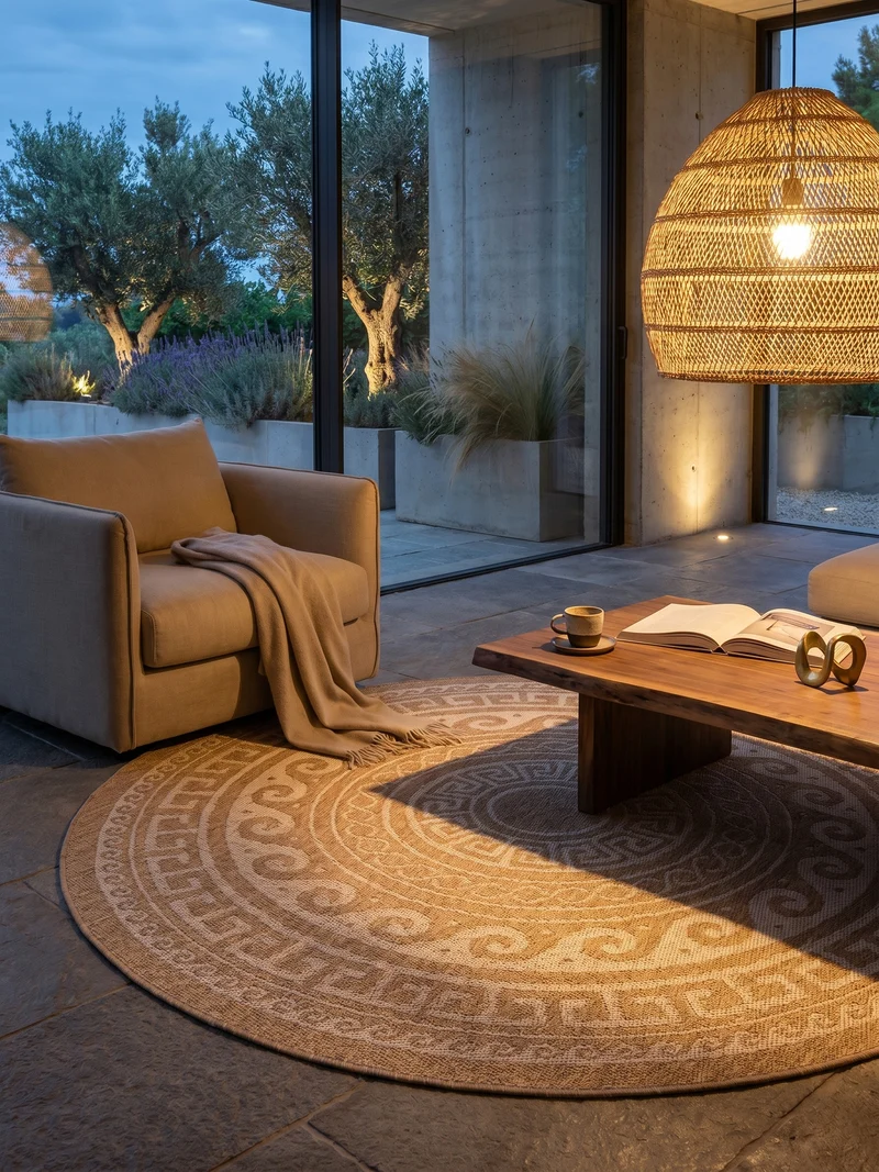 Outdoor-Teppich Mäander-Ornament – Waschbar | Klassisches Kreismuster für Terrasse