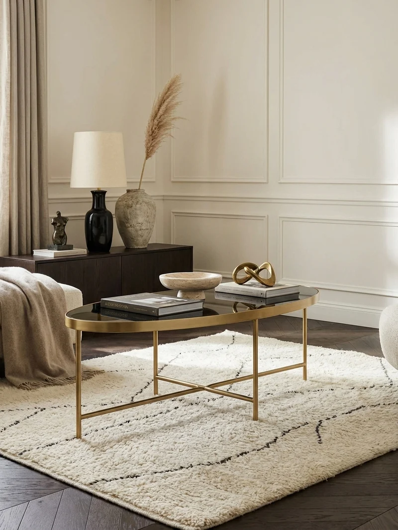 Couchtisch Oval in Schwarz/Gold, Glasplatte mit filigranem Metallgestell, Maße 110x56 cm