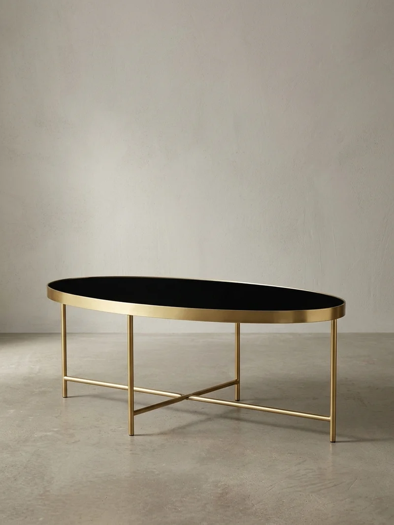 Couchtisch Oval in Schwarz/Gold, Glasplatte mit filigranem Metallgestell, Maße 110x56 cm
