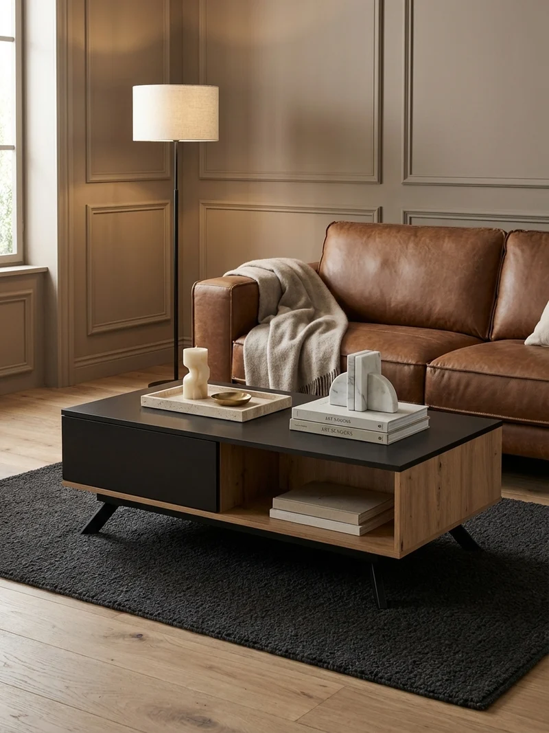 Couchtisch Eiche-Dekor Schwarz mit Stauraum, Wasserabweisend, 110x60x38 cm