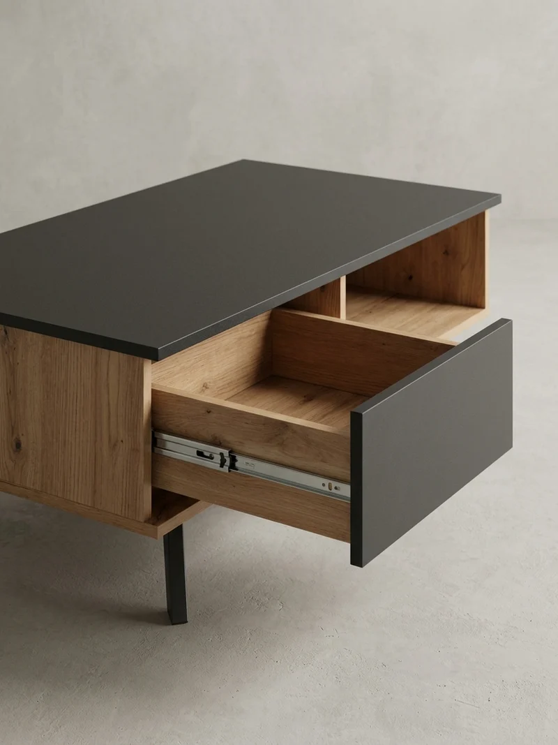 Couchtisch Eiche-Dekor Schwarz mit Stauraum, Wasserabweisend, 110x60x38 cm