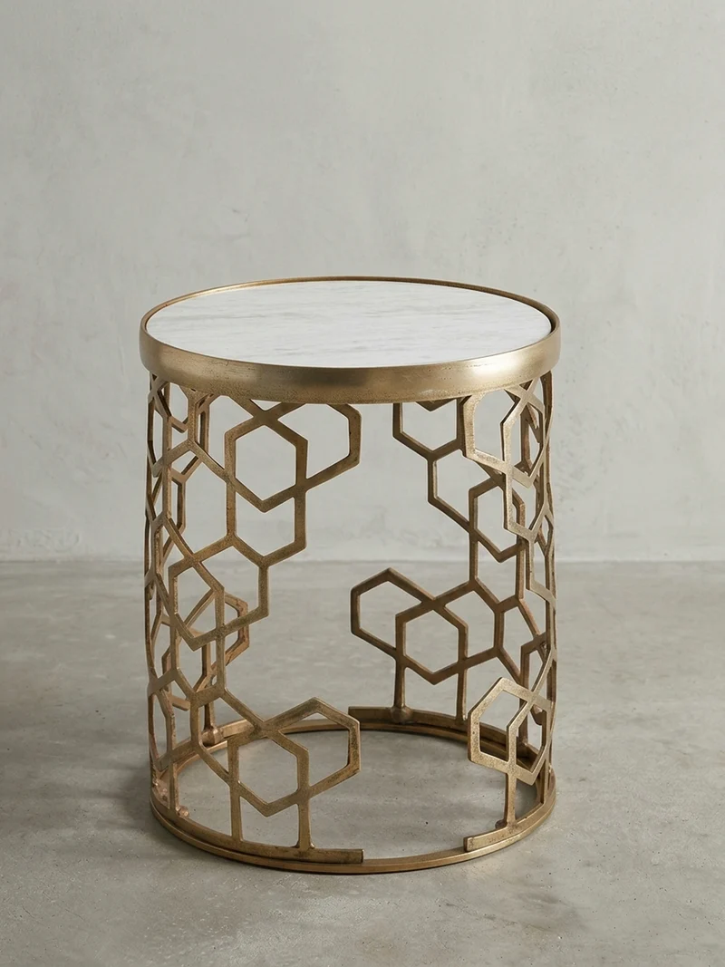 Beistelltisch – Rund Marmor Goldfarben Metall Ø 46 cm, Höhe 55 cm