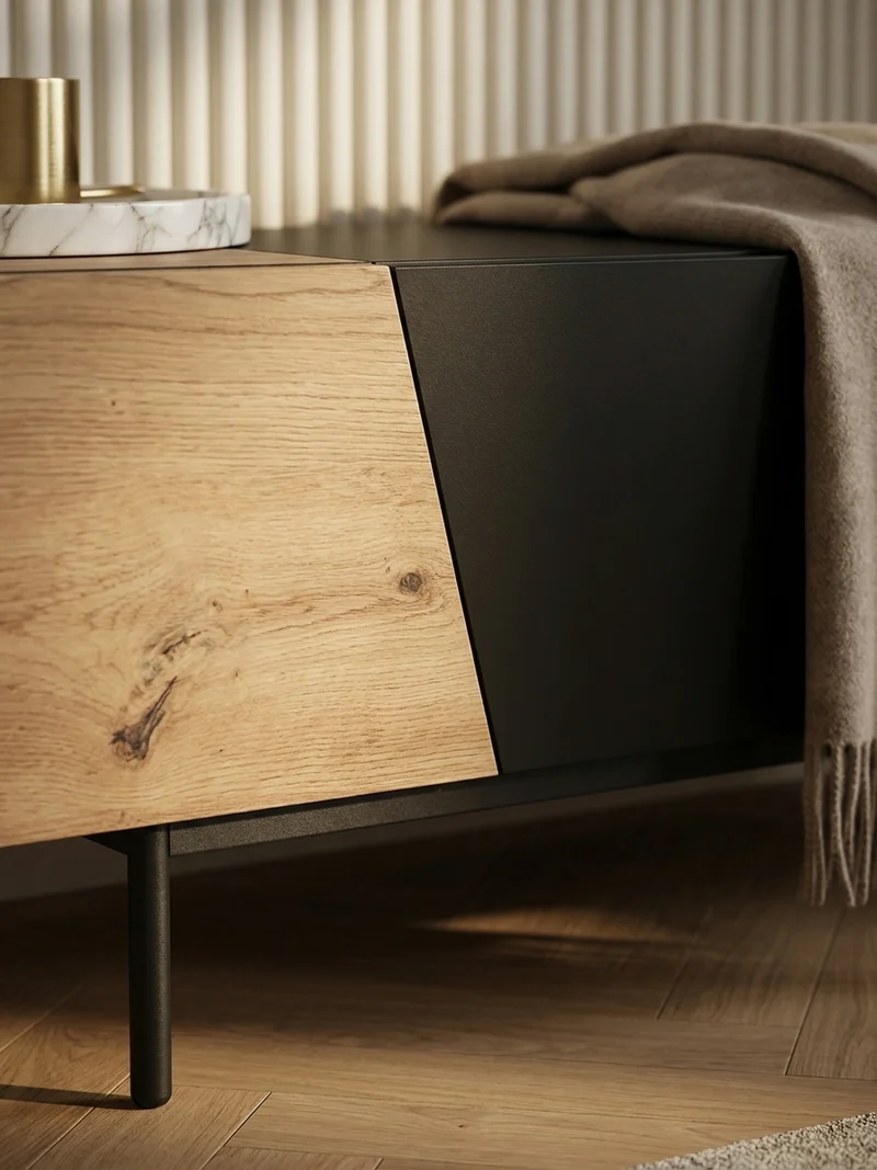 TV-Lowboard mit Marmor/Eiche-Dekor, Türen und Schublade, modern