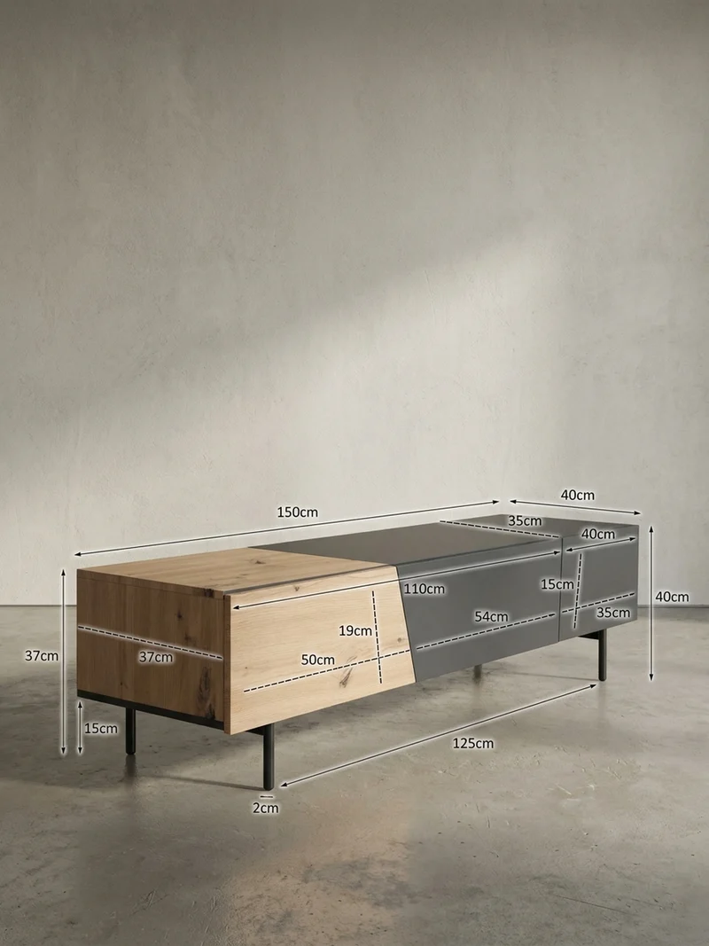 TV-Lowboard mit Marmor/Eiche-Dekor, Türen und Schublade, modern