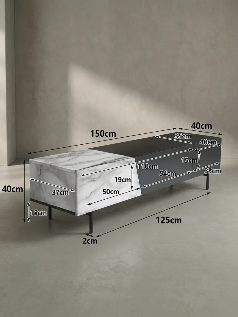 TV-Lowboard mit Marmor/Eiche-Dekor, Türen und Schublade, modern