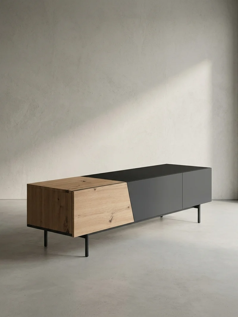 TV-Lowboard mit Marmor/Eiche-Dekor, Türen und Schublade, modern