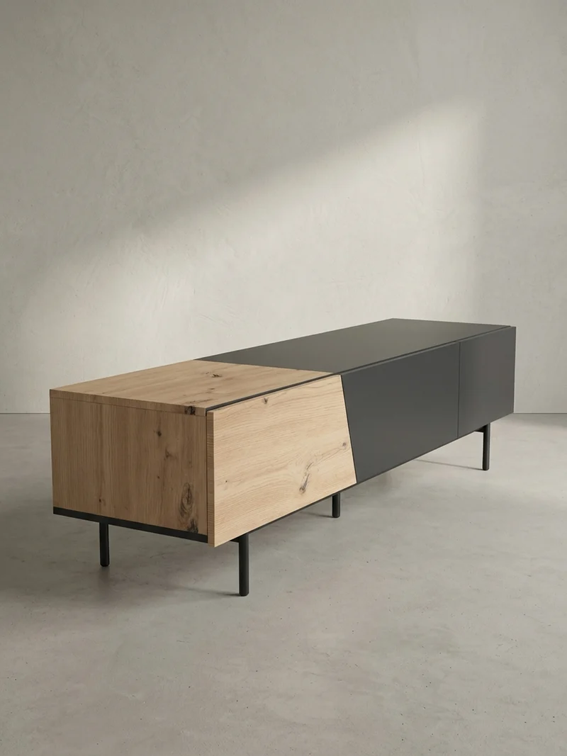TV-Lowboard mit Marmor/Eiche-Dekor, Türen und Schublade, modern