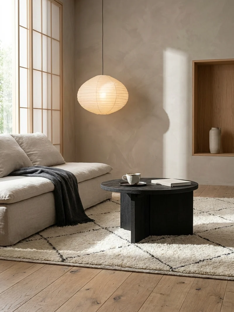 Couchtisch rund in Schwarz, aus Massivholz Mango, 60x60x33cm, Dreibein-Design, Niedrig, Modern, mit Naturholzmaserung