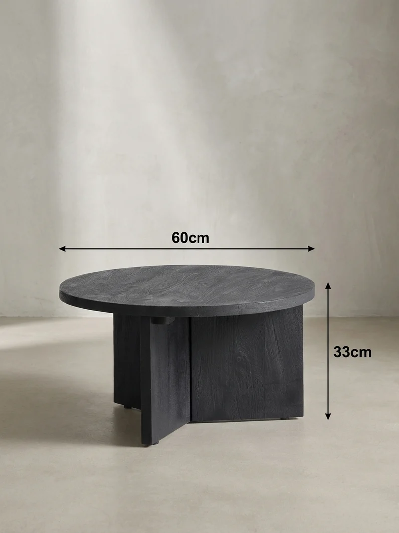Couchtisch rund in Schwarz, aus Massivholz Mango, 60x60x33cm, Dreibein-Design, Niedrig, Modern, mit Naturholzmaserung
