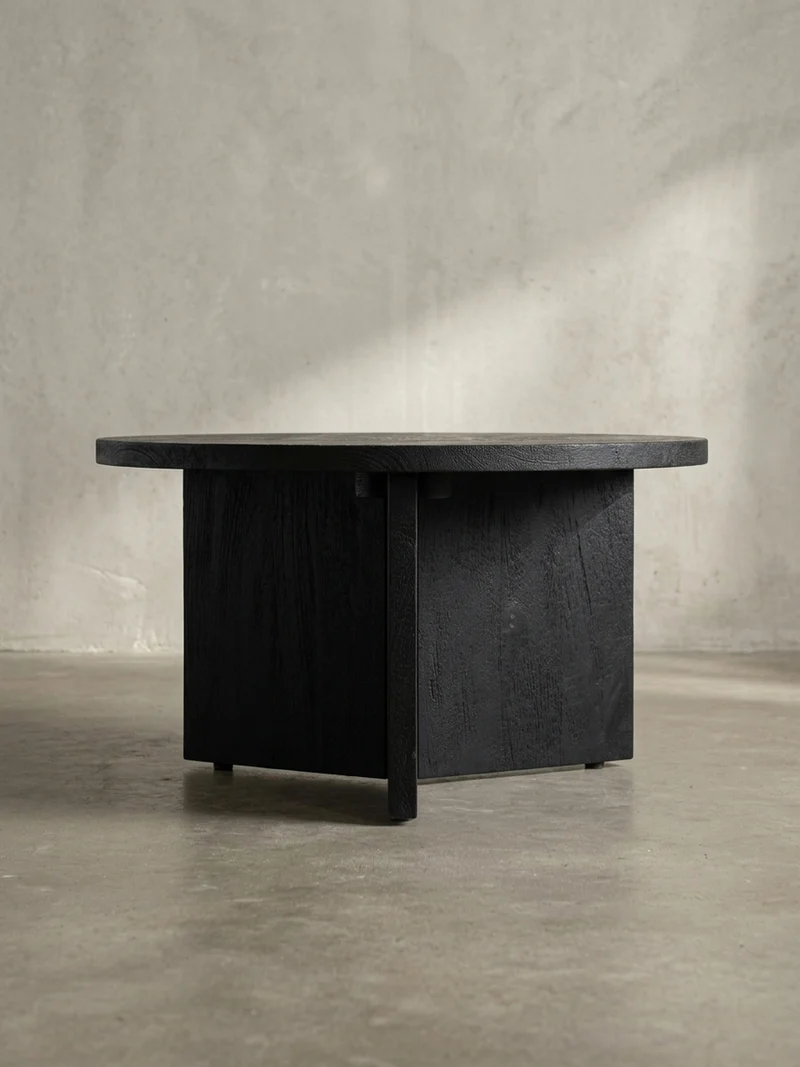 Couchtisch rund in Schwarz, aus Massivholz Mango, 60x60x33cm, Dreibein-Design, Niedrig, Modern, mit Naturholzmaserung