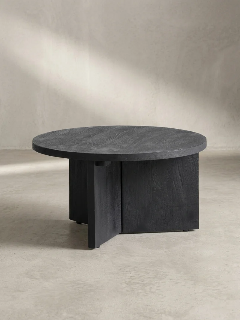 Couchtisch rund in Schwarz, aus Massivholz Mango, 60x60x33cm, Dreibein-Design, Niedrig, Modern, mit Naturholzmaserung