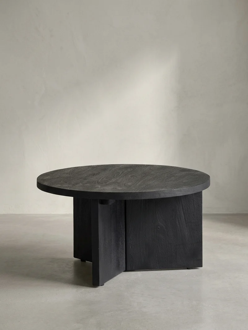 Couchtisch rund in Schwarz, aus Massivholz Mango, 60x60x33cm, Dreibein-Design, Niedrig, Modern, mit Naturholzmaserung