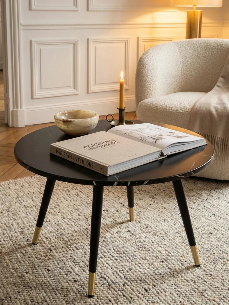 Couchtisch mit Marmor Optik, Modernes Design, Metall-Gestell, Runde Form