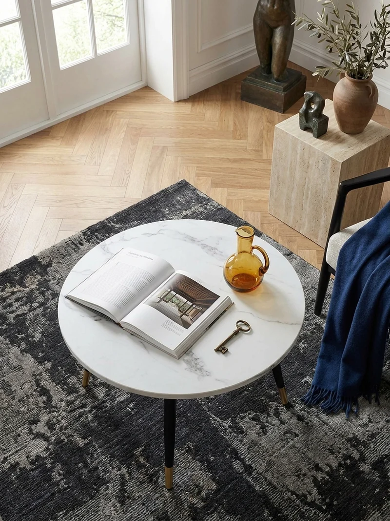 Couchtisch mit Marmor Optik, Modernes Design, Metall-Gestell, Runde Form