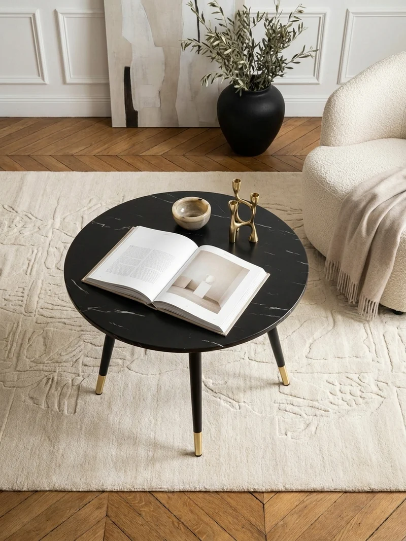 Couchtisch mit Marmor Optik, Modernes Design, Metall-Gestell, Runde Form