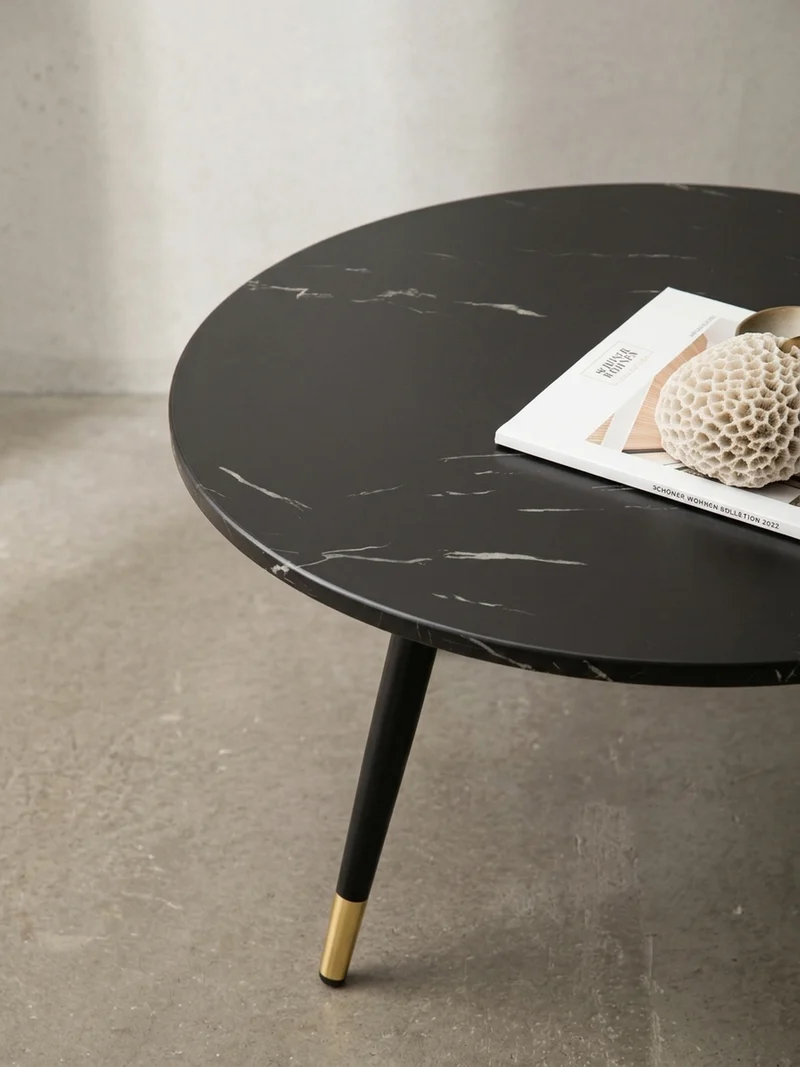 Couchtisch mit Marmor Optik, Modernes Design, Metall-Gestell, Runde Form