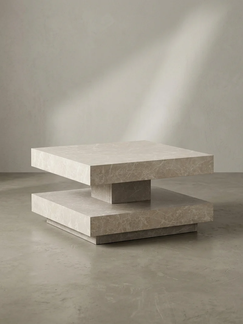 Couchtisch in Stein-Optik mit Stauraum, Modernes Design, Quadratisch