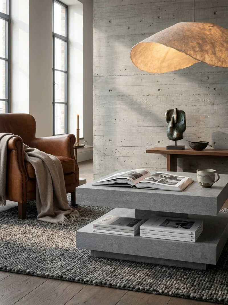 Couchtisch in Stein-Optik mit Stauraum, Modernes Design, Quadratisch