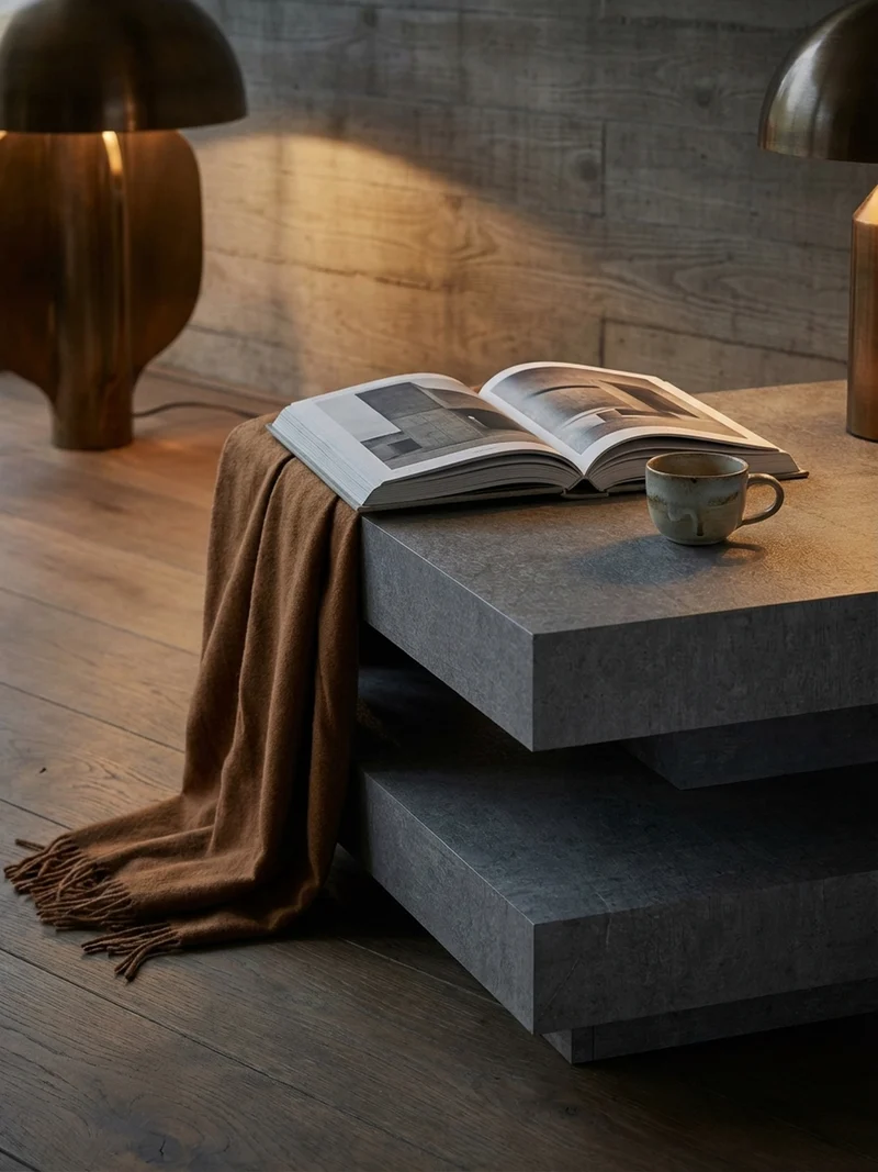 Couchtisch in Stein-Optik mit Stauraum, Modernes Design, Quadratisch