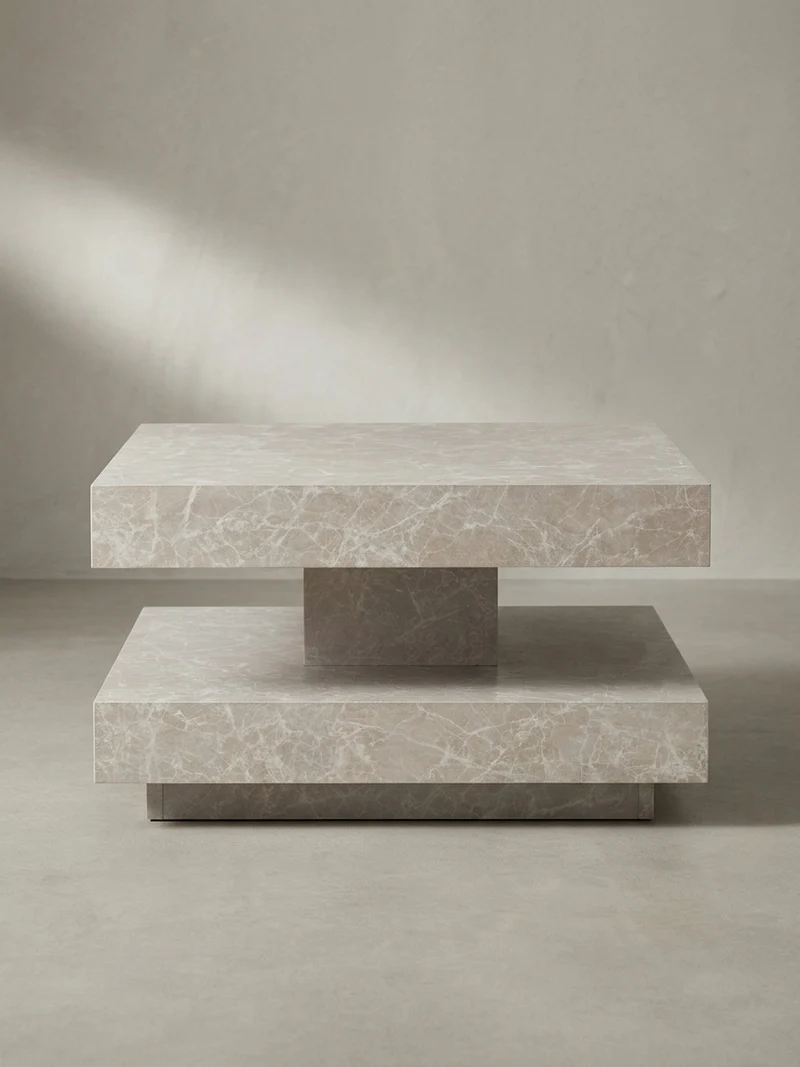 Couchtisch in Stein-Optik mit Stauraum, Modernes Design, Quadratisch