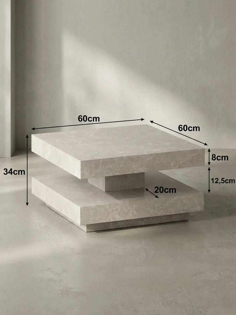 Couchtisch in Stein-Optik mit Stauraum, Modernes Design, Quadratisch