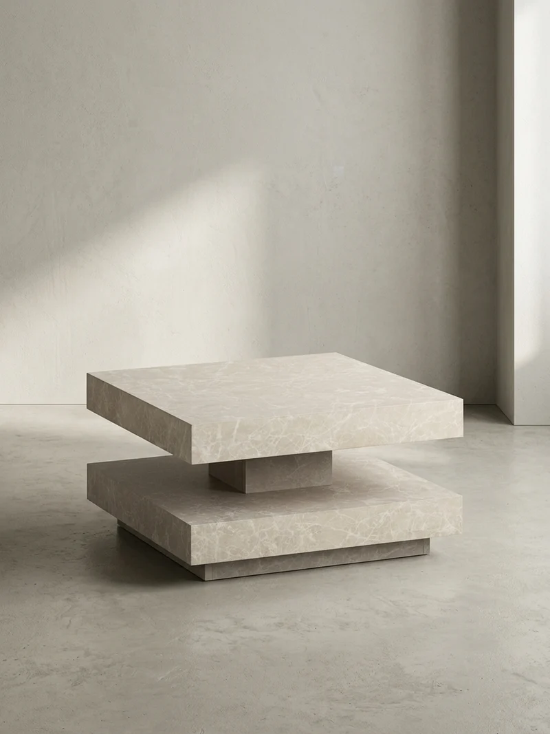 Couchtisch in Stein-Optik mit Stauraum, Modernes Design, Quadratisch