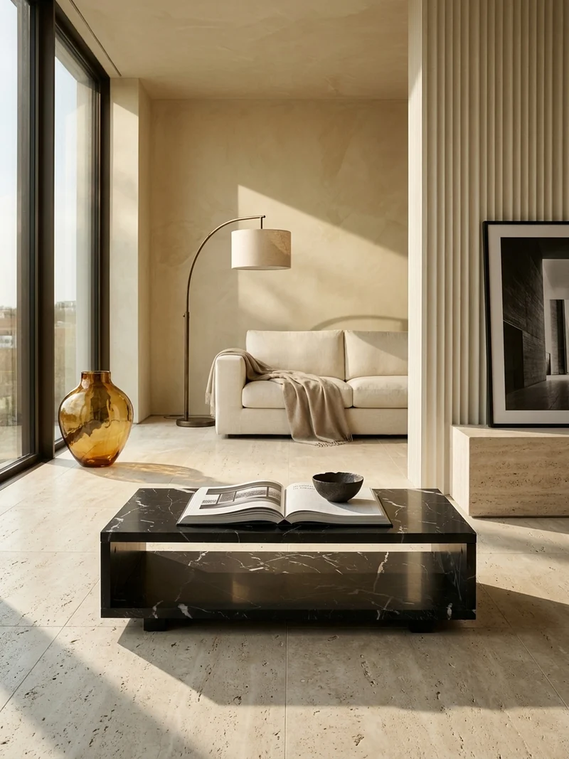 Couchtisch in Stein-Optik Modern mit Stauraum Rechteckig Schlicht