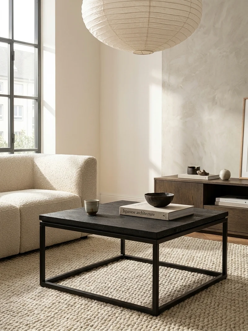 Couchtisch aus Mango Massivholz und Metall, Quadratisch, Natürliche Holzmaserung, Moderner Stil