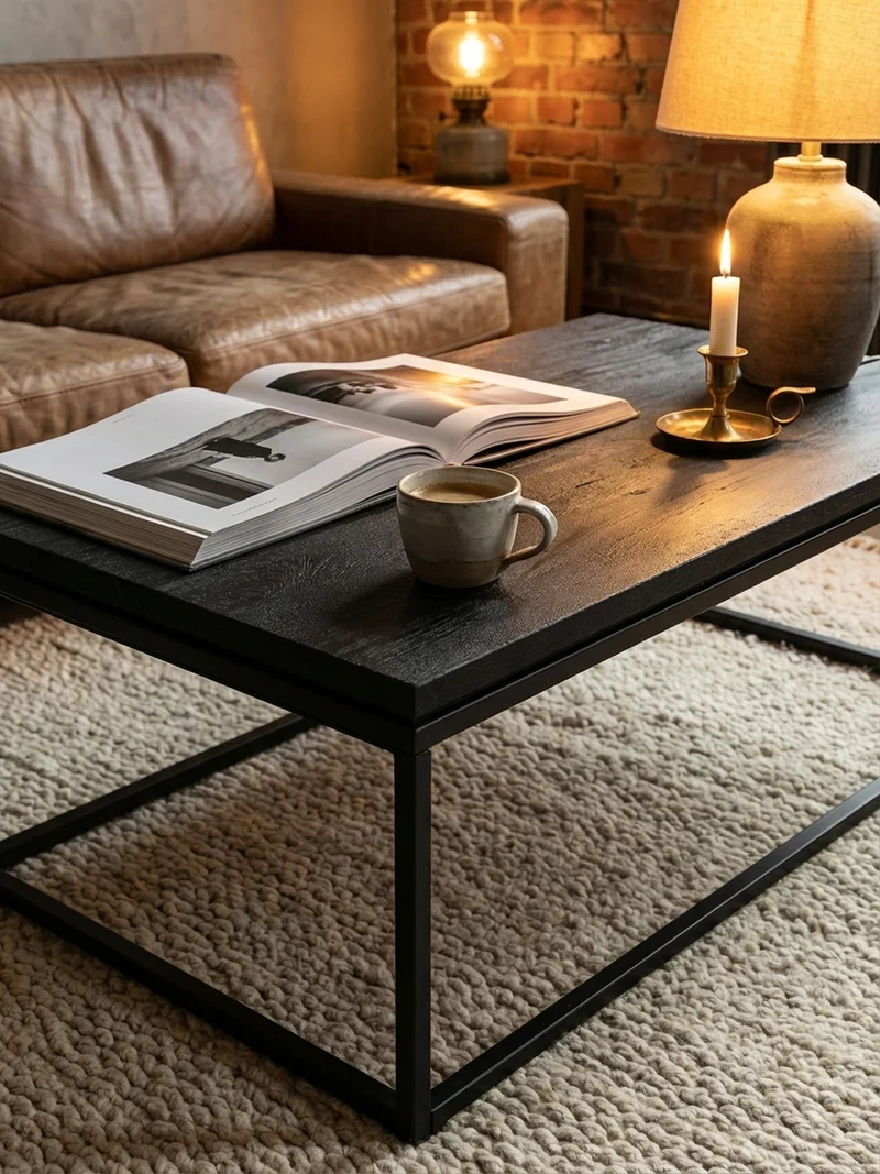 Couchtisch aus Mango Massivholz und Metall, Quadratisch, Natürliche Holzmaserung, Moderner Stil
