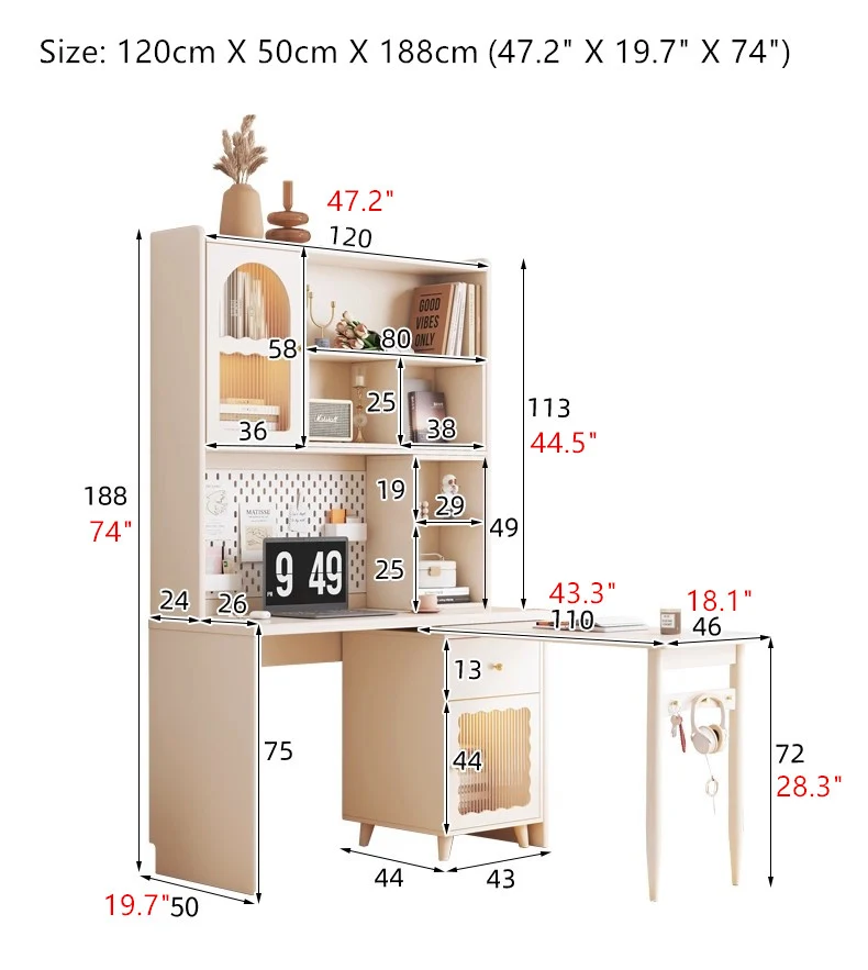 Platzsparender Arbeitsplatz mit Regal und drehbarem Schreibtisch