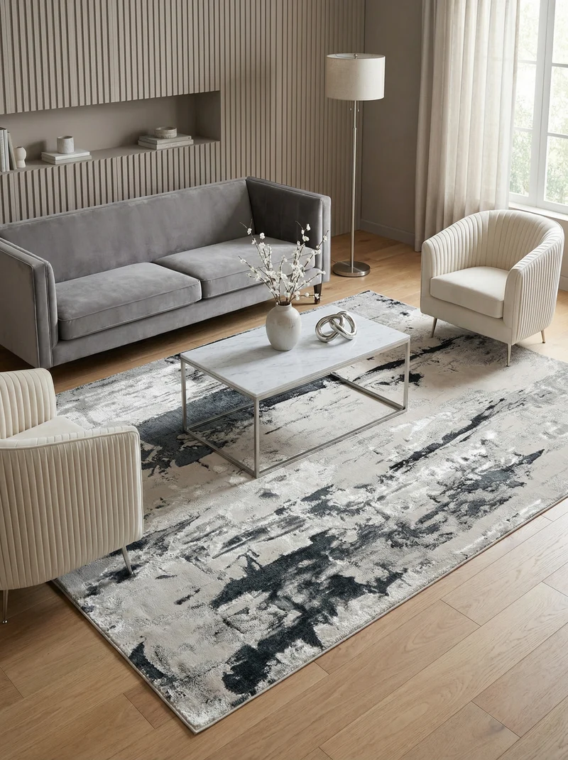 Teppich Velours kurzflor mit Metallic-Akzenten Gletschermuster Silber/Grau/Anthrazit