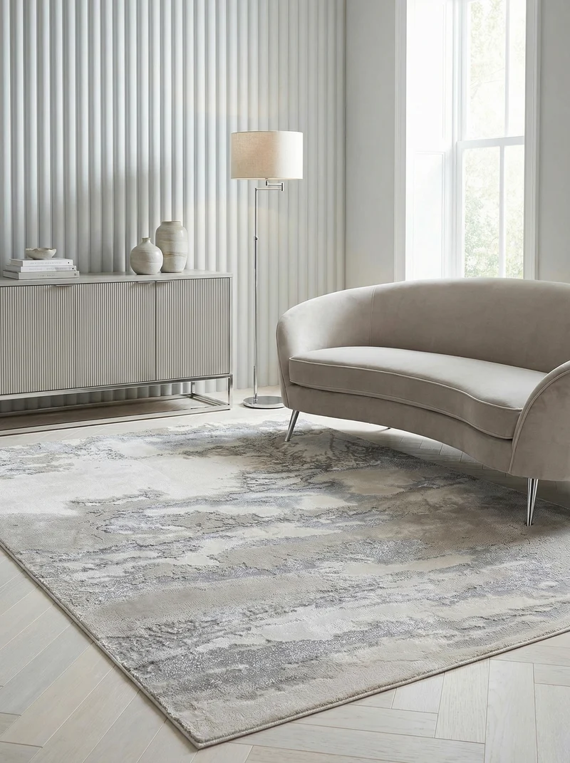 Teppich Polyester flachflor abstrakt hochglanz Silber/Cremeweiß