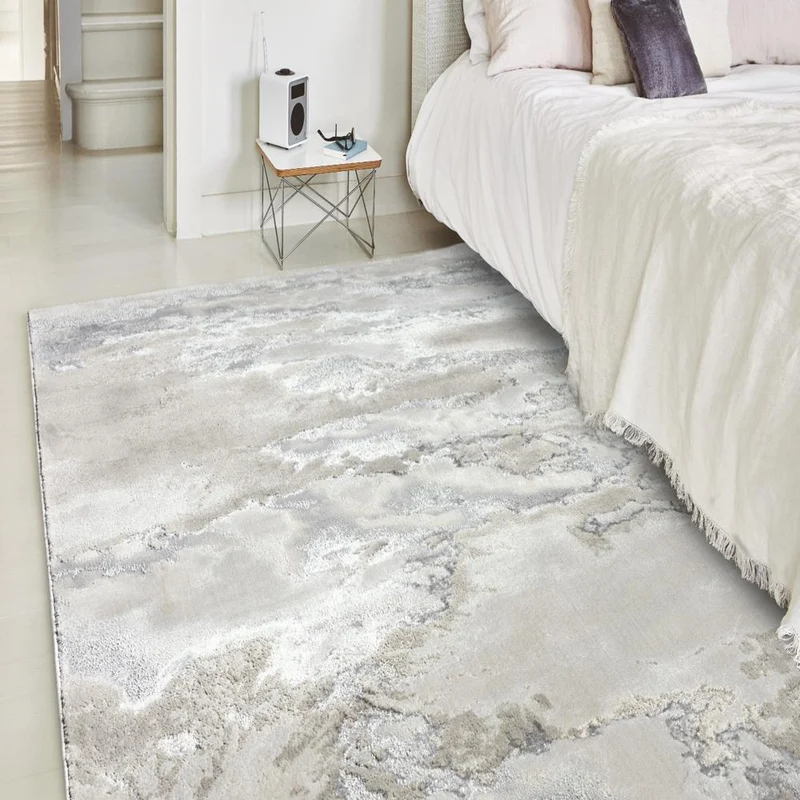 Teppich Polyester flachflor abstrakt hochglanz Silber/Cremeweiß