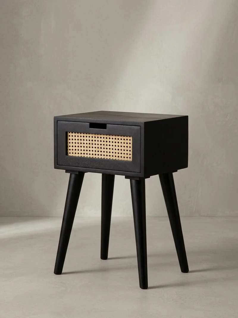 Nachttisch – Mango Massivholz/Rattan, 40x60x30 cm, Schwarz, 1 Schublade, Wiener Geflecht