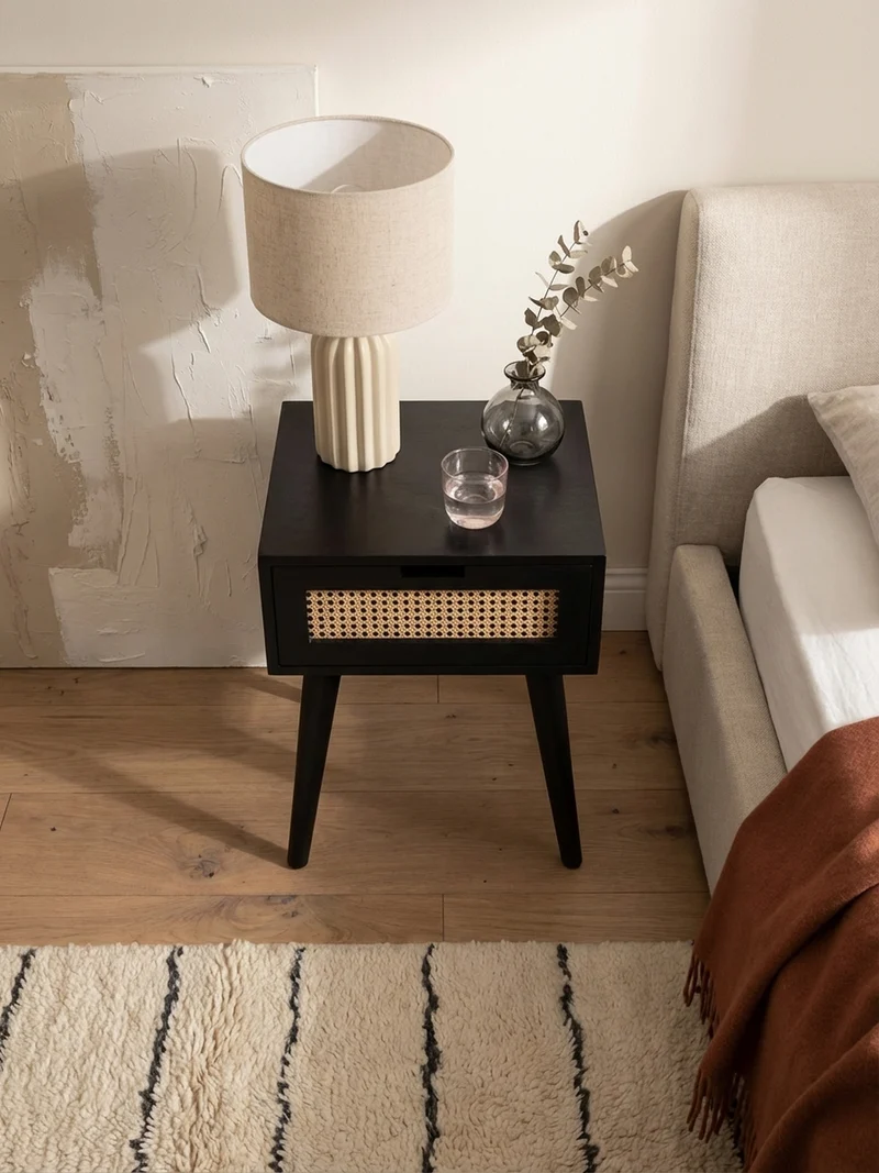 Nachttisch – Mango Massivholz/Rattan, 40x60x30 cm, Schwarz, 1 Schublade, Wiener Geflecht