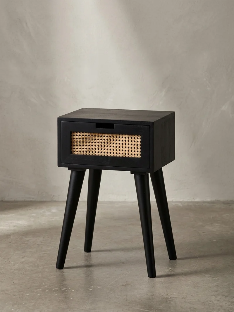 Nachttisch – Mango Massivholz/Rattan, 40x60x30 cm, Schwarz, 1 Schublade, Wiener Geflecht