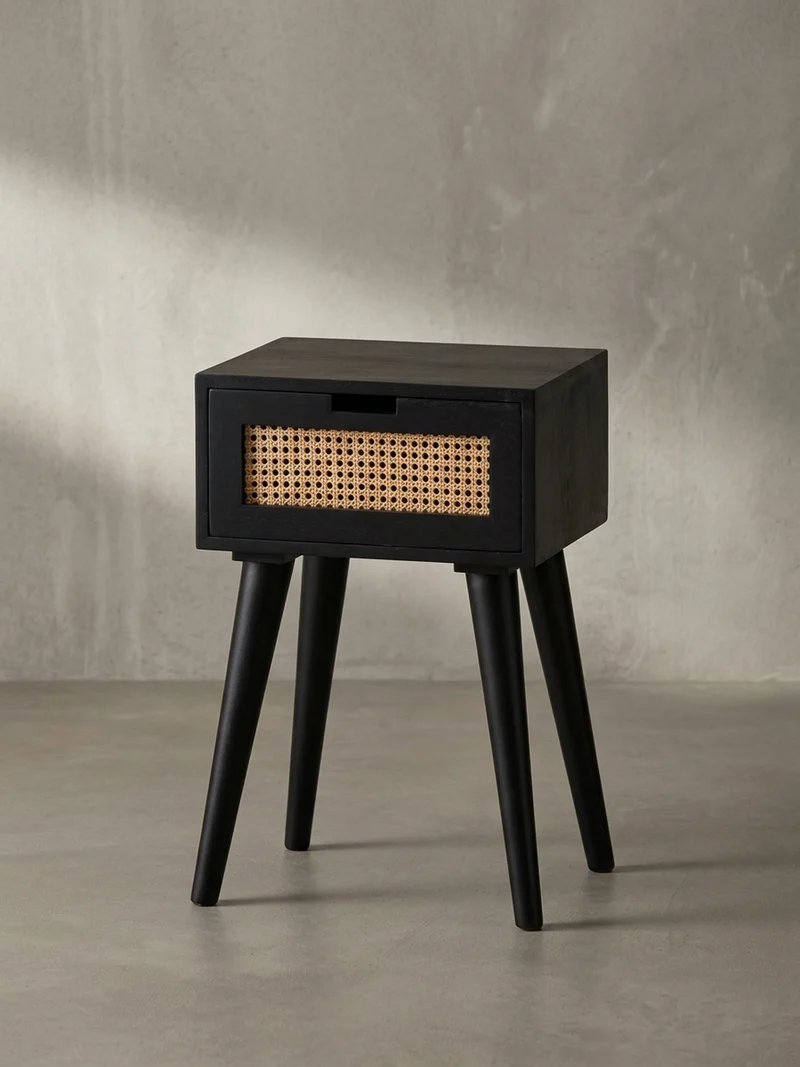Nachttisch – Mango Massivholz/Rattan, 40x60x30 cm, Schwarz, 1 Schublade, Wiener Geflecht