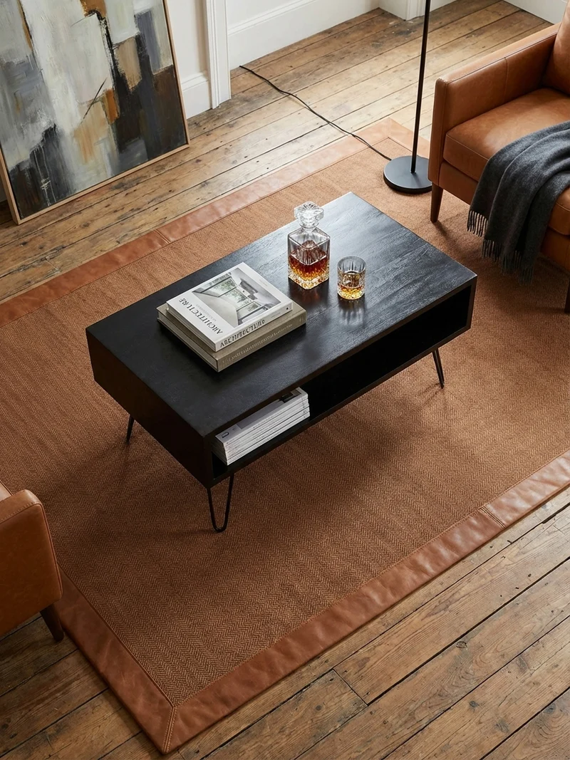 Couchtisch Mango Massivholz Metall 100x50x40cm mit Stauraum und Haarnadelbeinen