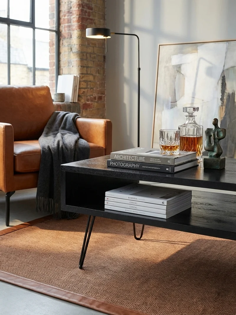 Couchtisch Mango Massivholz Metall 100x50x40cm mit Stauraum und Haarnadelbeinen